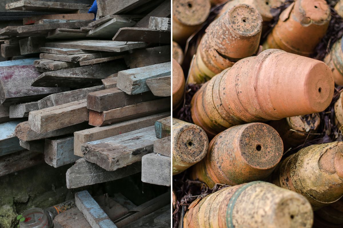 planks and pots in the garden